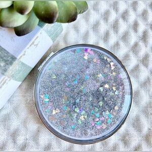 New Silver Holographic Glitter & Hearts 80s Style Double Mirror Purse Compact